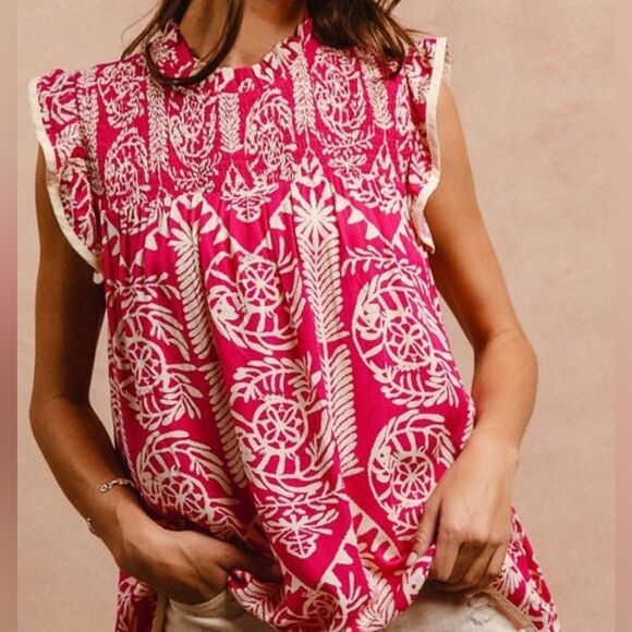 **BiBi Printed Ruffle Sleeve Top Pink and White Batik Print Women's Top - Picture 7 of 15